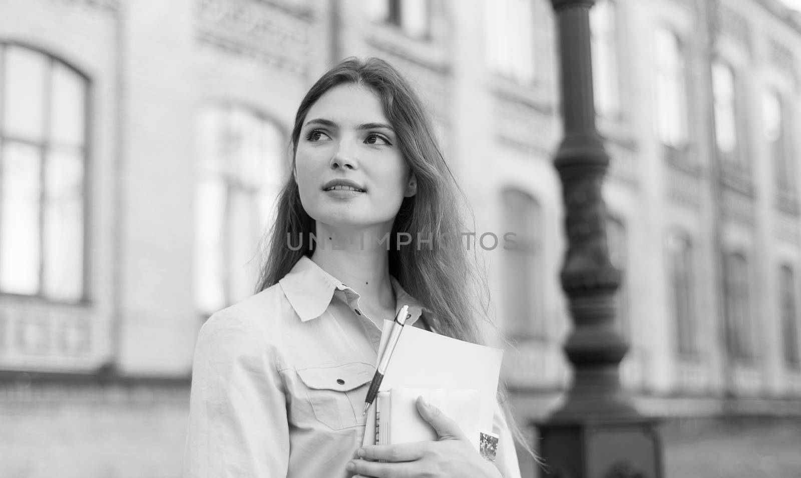 Young beautiful girl student in shirt. Black and white photo. BW by Mykola_Kondrashev