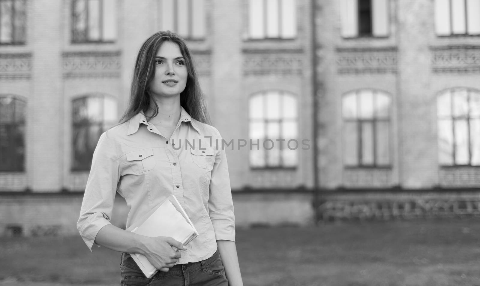 Young beautiful girl student in shirt. Black and white photo. BW by Mykola_Kondrashev