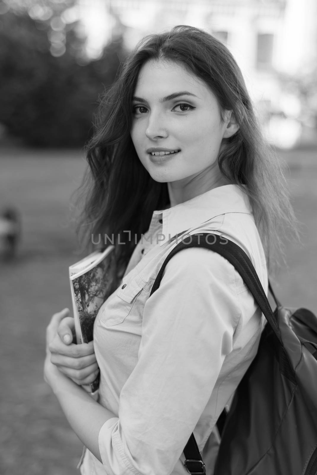 Young beautiful girl student in shirt. Black and white photo. BW by Mykola_Kondrashev