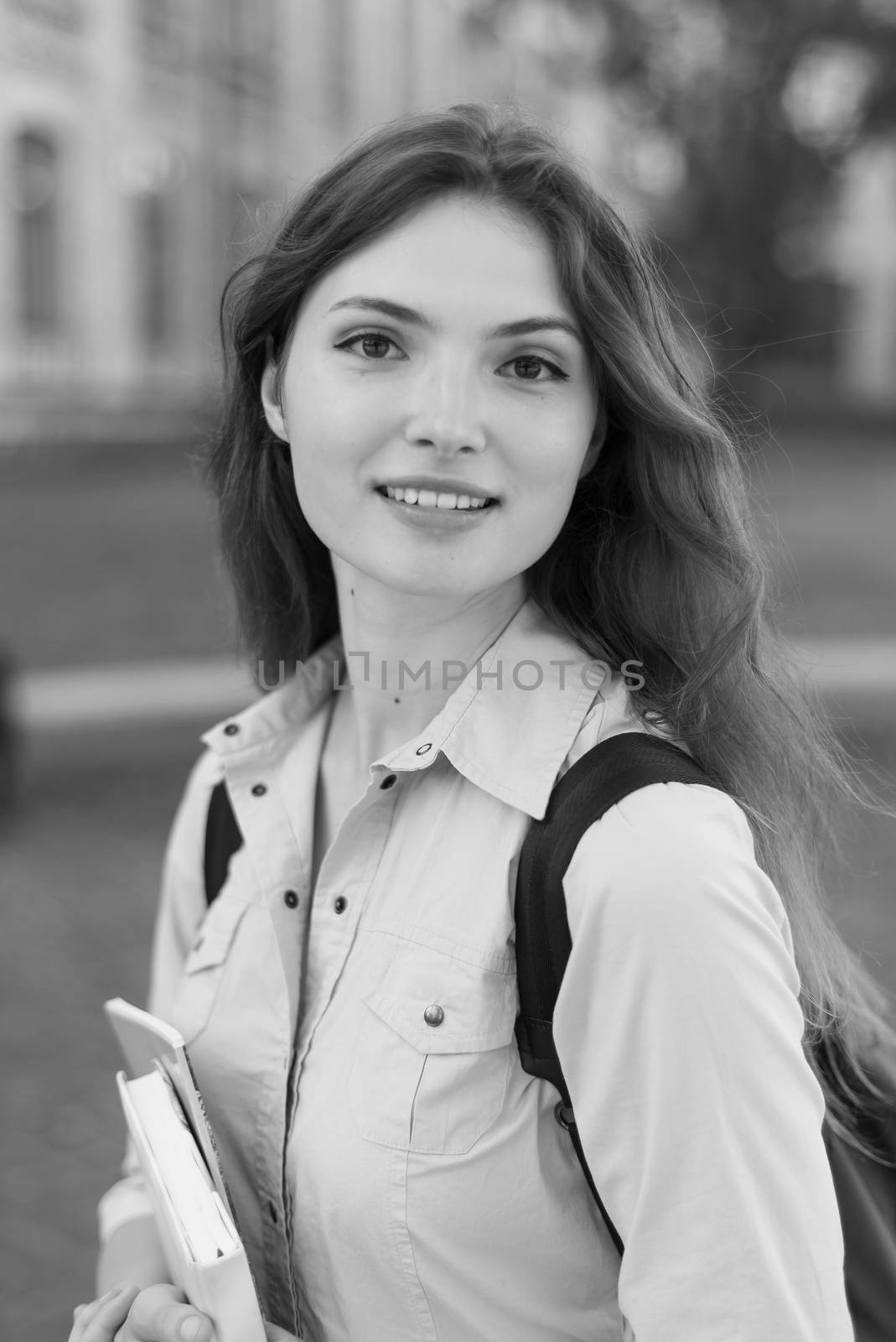 Young beautiful girl student in shirt. Black and white photo. BW by Mykola_Kondrashev