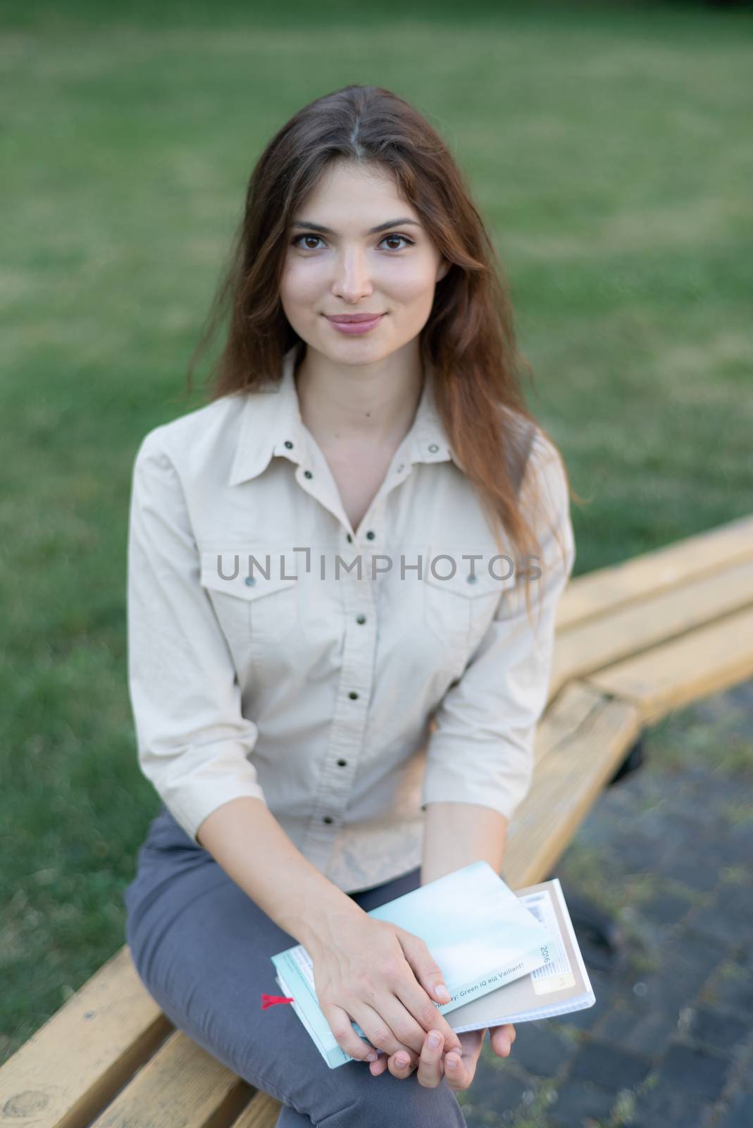 Young beautiful girl student in shirt. Kyiv. Ukraine
