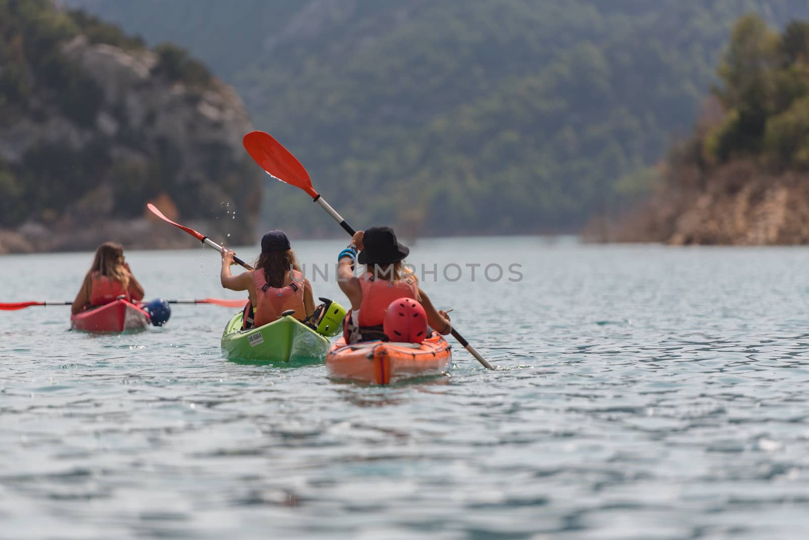 Congost de Montrebei, Catalonia, Spain : 2020 16 september : Kayak in the lake in  Montrebei gorge in Catalonia, Spain in summer 2020.