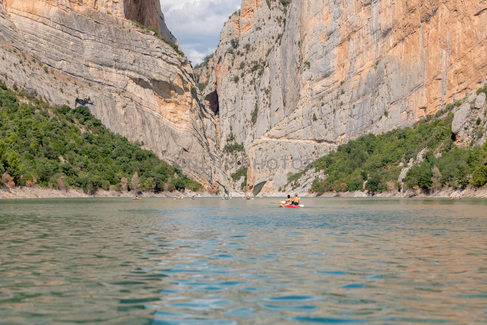 Congost de Montrebei, Catalonia, Spain : 2020 16 september : Kayak in the lake in  Montrebei gorge in Catalonia, Spain in summer 2020.