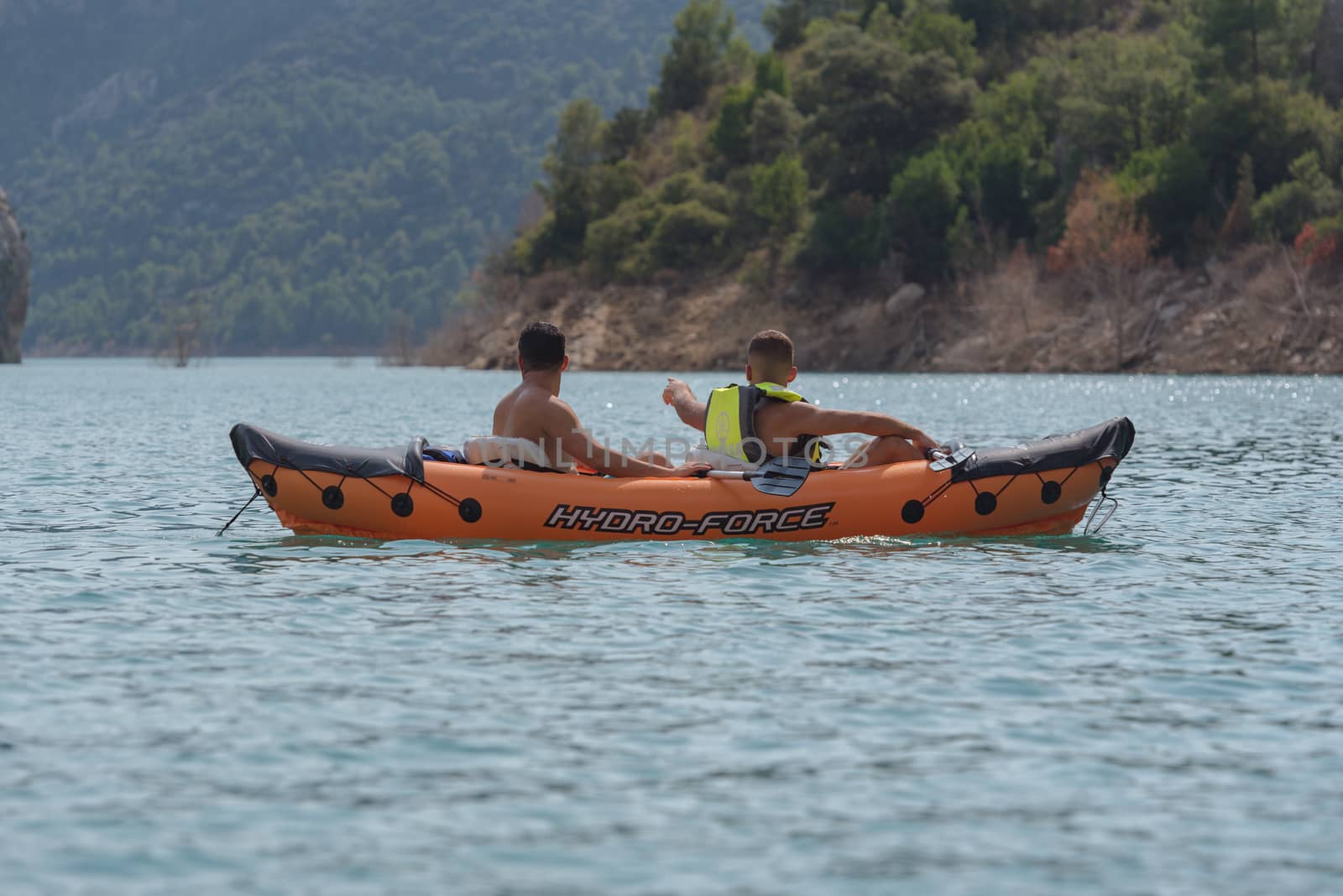 Congost de Montrebei, Catalonia, Spain : 2020 16 september : Kayak in the lake in  Montrebei gorge in Catalonia, Spain in summer 2020.