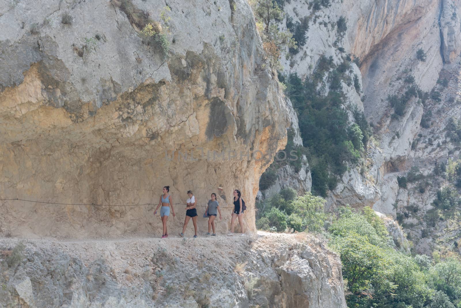 Congost de Montrebei, Catalonia, Spain : 2020 16 september : People walk in the trial in  Montrebei gorge in Catalonia, Spain in summer 2020.