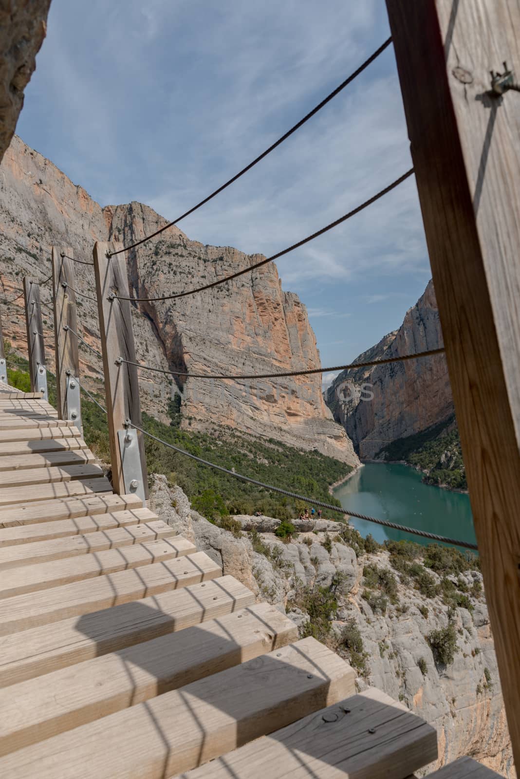 Stairs in the Congost de Mont-rebei gorge in Catalonia, Spain in summer 2020.