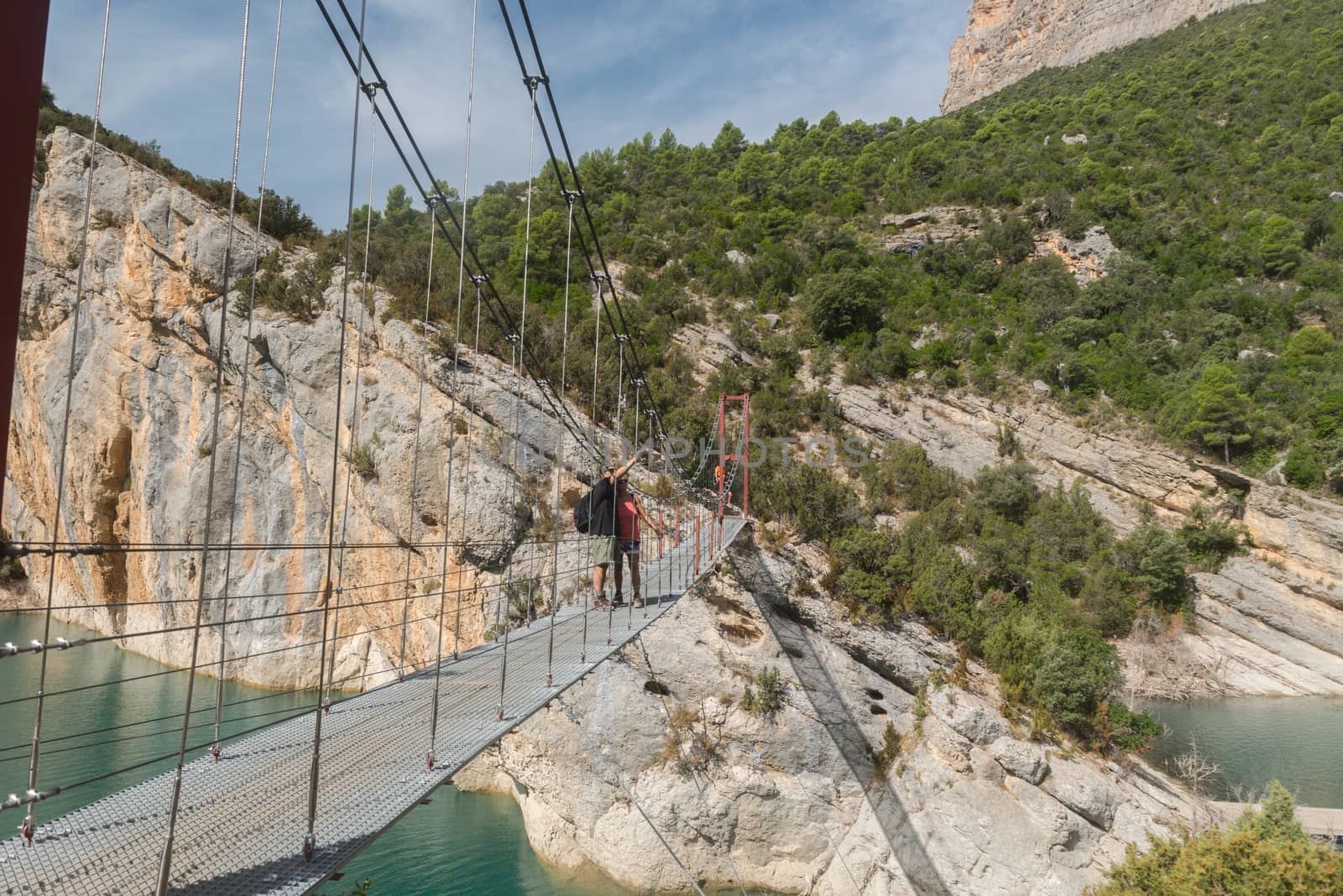 Congost de Montrebei, Catalonia, Spain : 2020 16 september : Couple in the bridge in  Montrebei gorge in Catalonia, Spain in summer 2020.