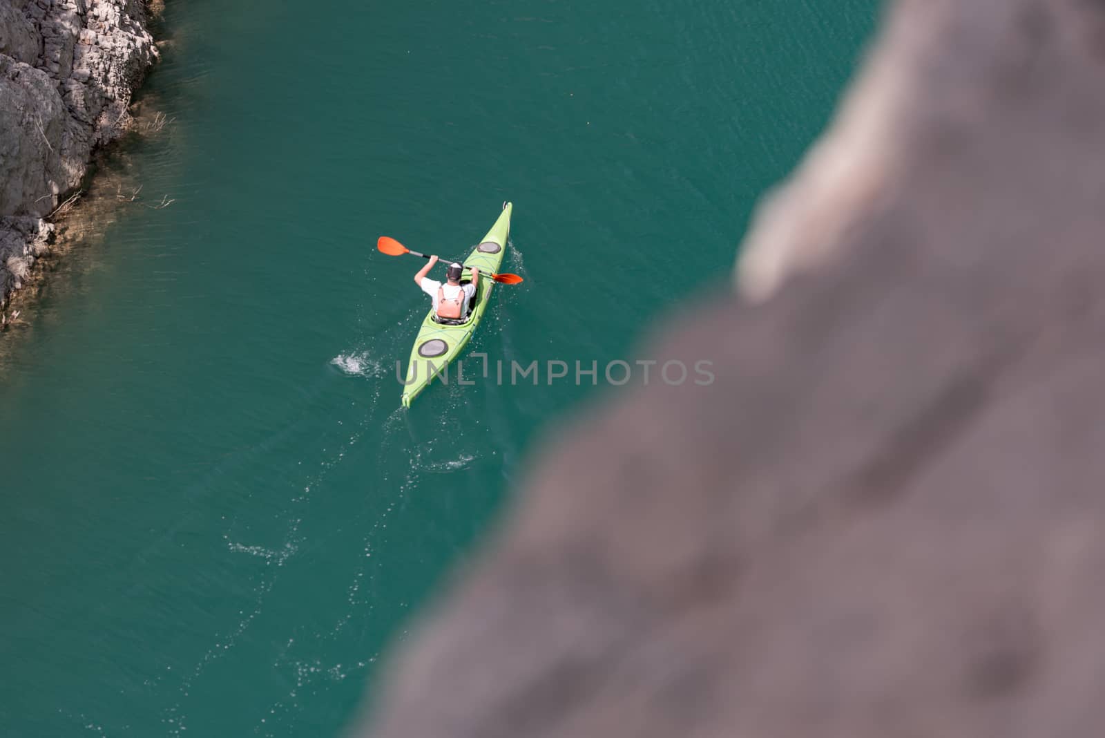 Congost de Montrebei, Catalonia, Spain : 2020 16 september : Kayak in the lake in  Montrebei gorge in Catalonia, Spain in summer 2020.