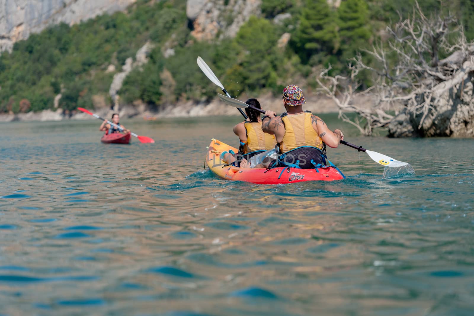 Congost de Montrebei, Catalonia, Spain : 2020 16 september : Kayak in the lake in  Montrebei gorge in Catalonia, Spain in summer 2020.