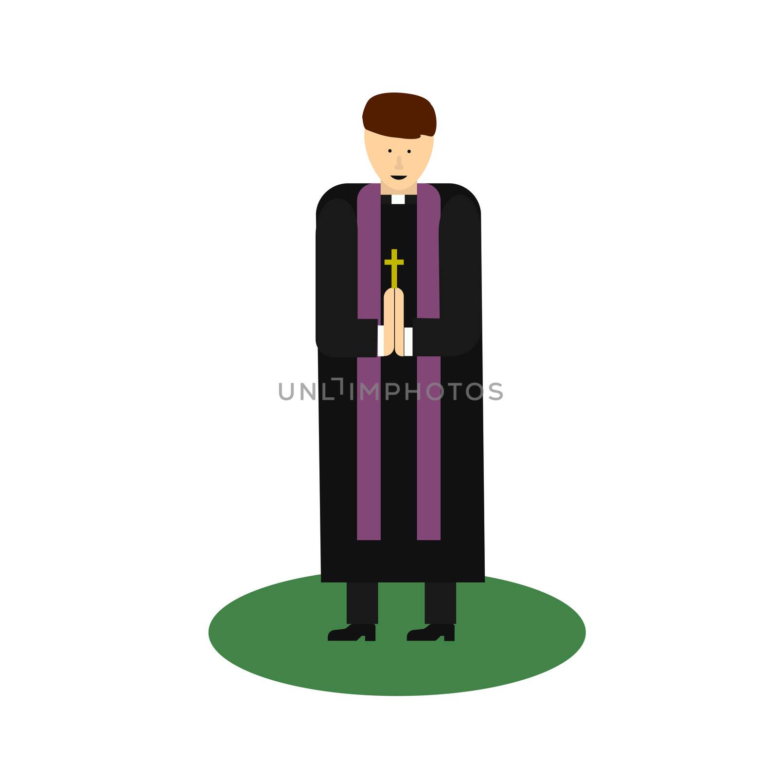 Catholic priest. Pastor reads prayer, holds cross, bible and gospel, bless parishioners. Flat cartoon illustration. Objects isolated on a white background. by zaryov