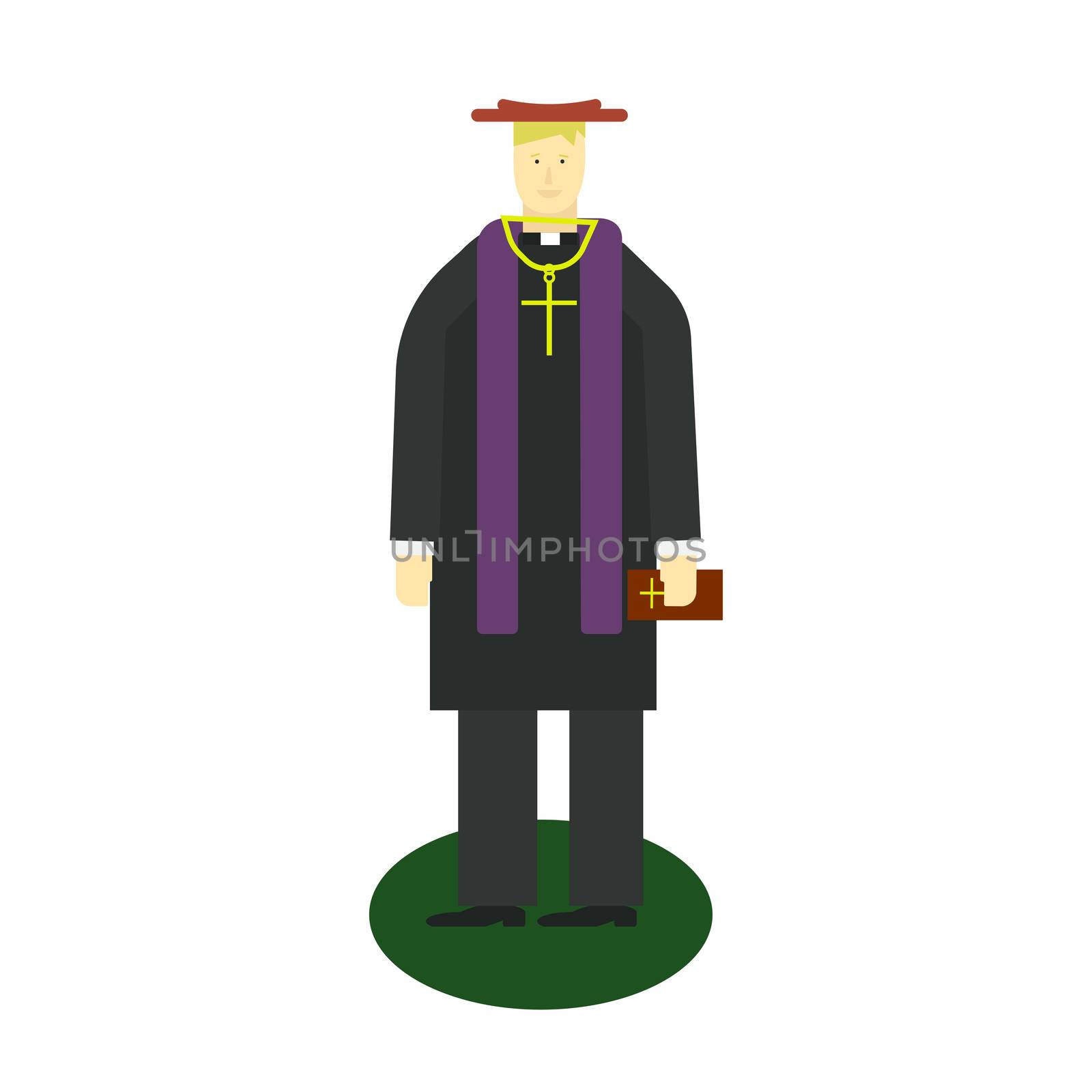 Catholic priest. Pastor reads prayer, holds cross, bible and gospel, bless parishioners. Flat cartoon illustration. Objects isolated on a white background. by zaryov