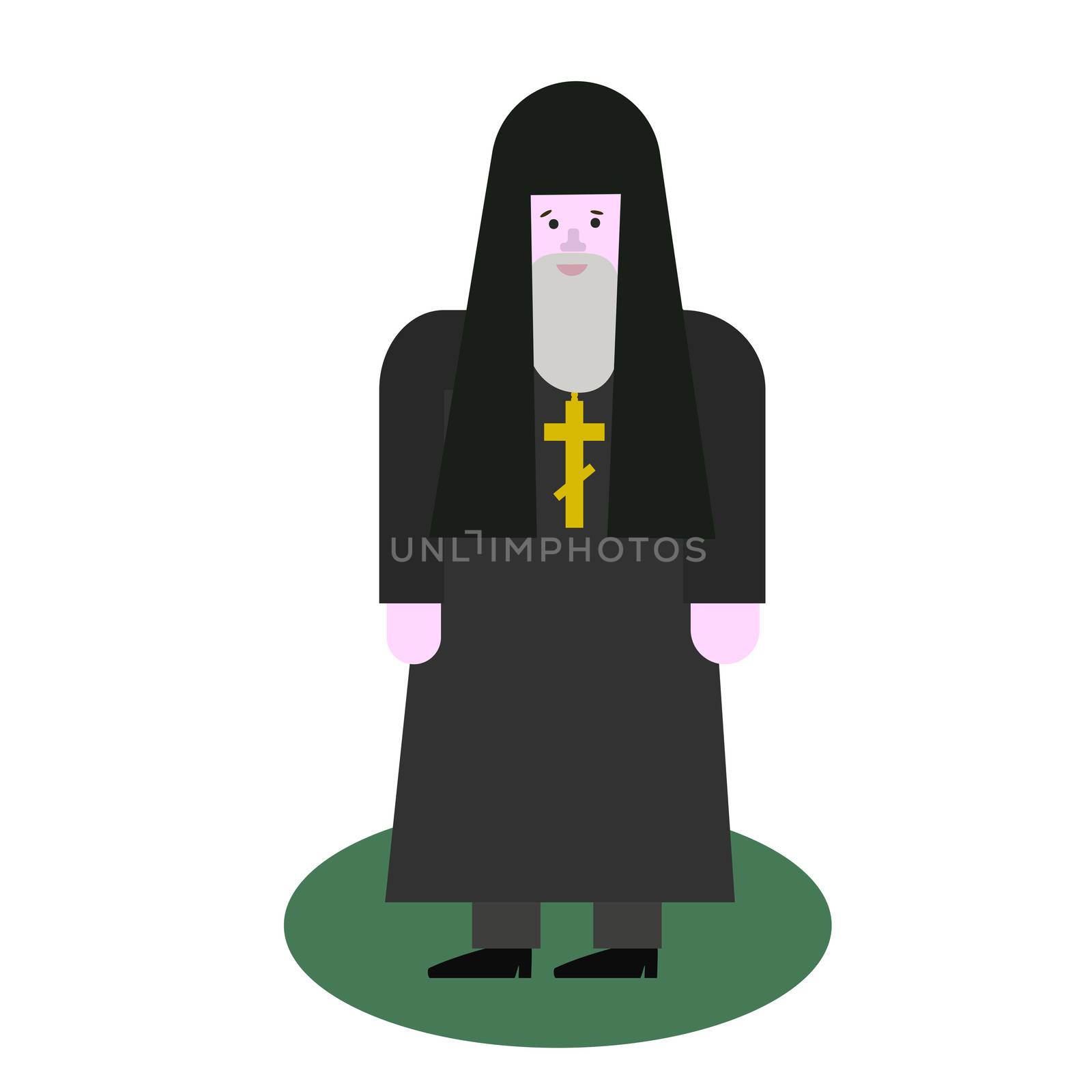 Catholic priest. Pastor reads prayer, holds cross, bible and gospel, bless parishioners. Flat cartoon illustration. Objects isolated on a white background
