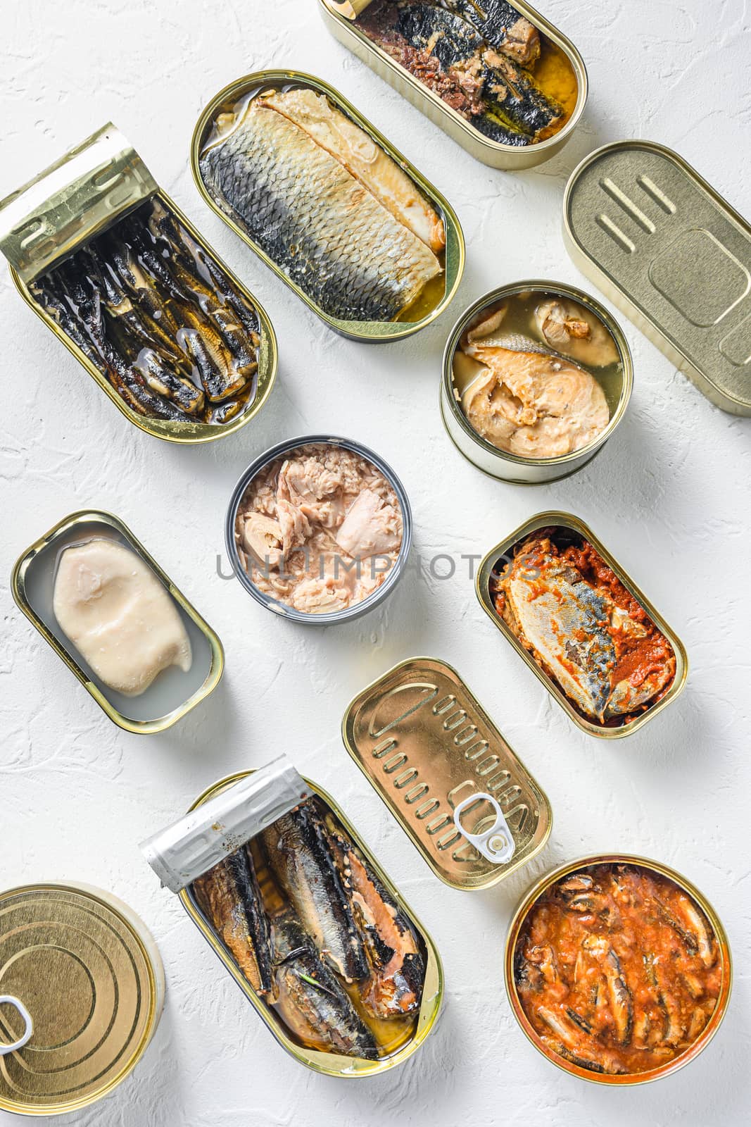 Tin can of fish and seafood, opened and closed cans with Saury, mackerel, sprats, sardines, pilchard, squid, tuna, over white background surface top view by Ilianesolenyi