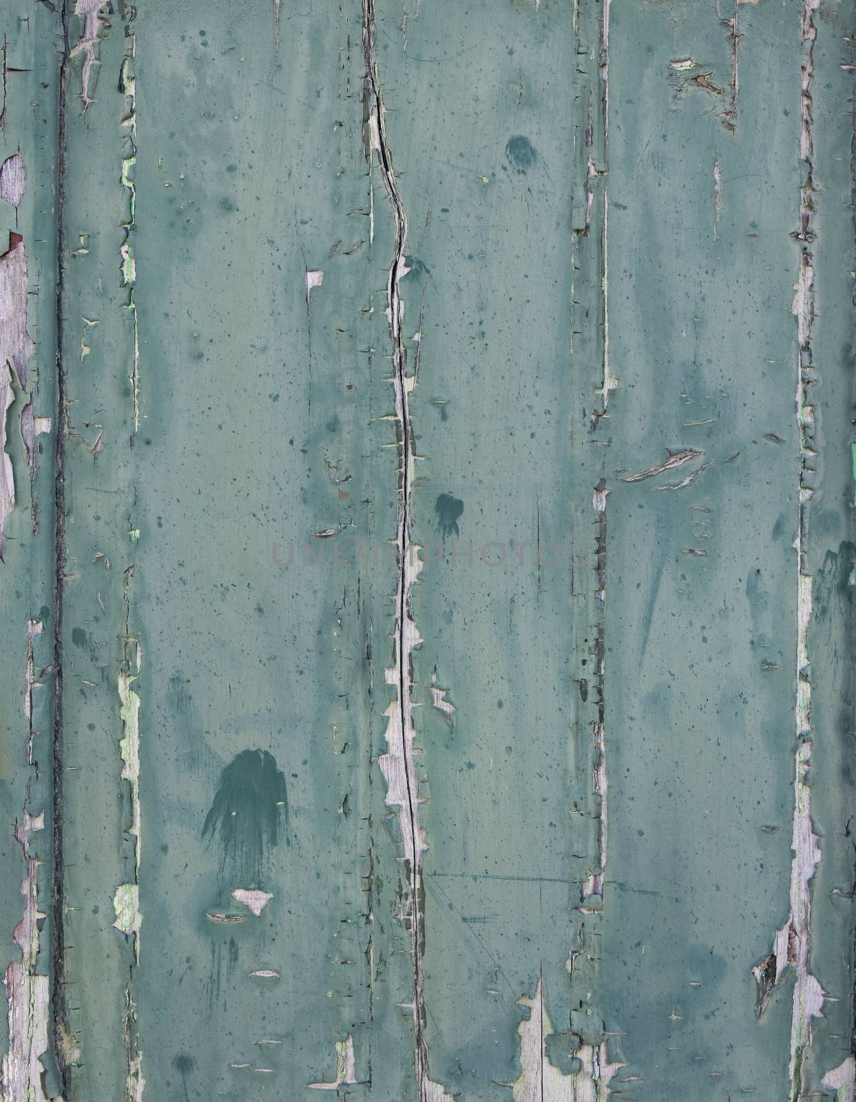 vertical planks with peeling blue green paint by ahavelaar