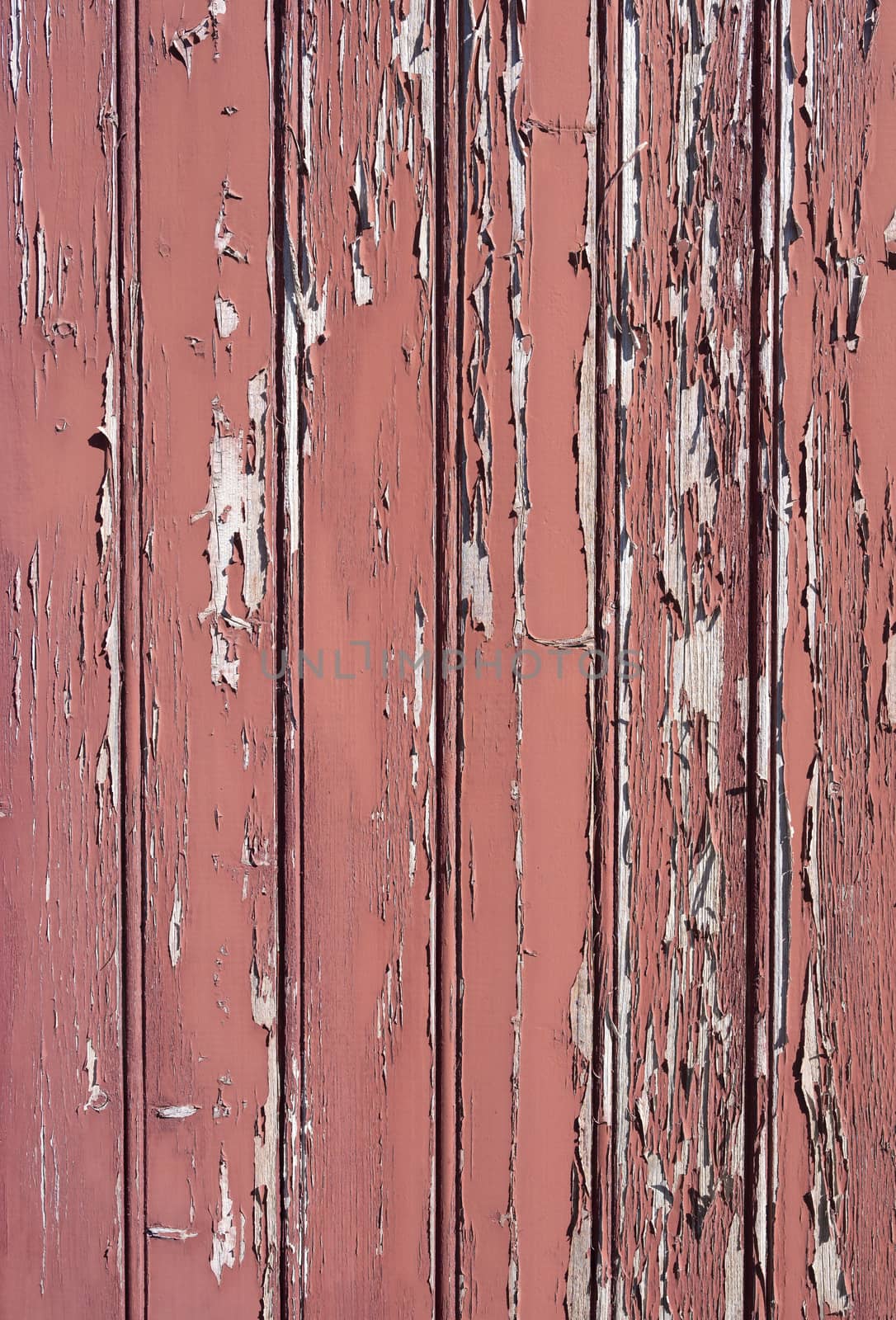 vertical planks with peeling red brown paint by ahavelaar