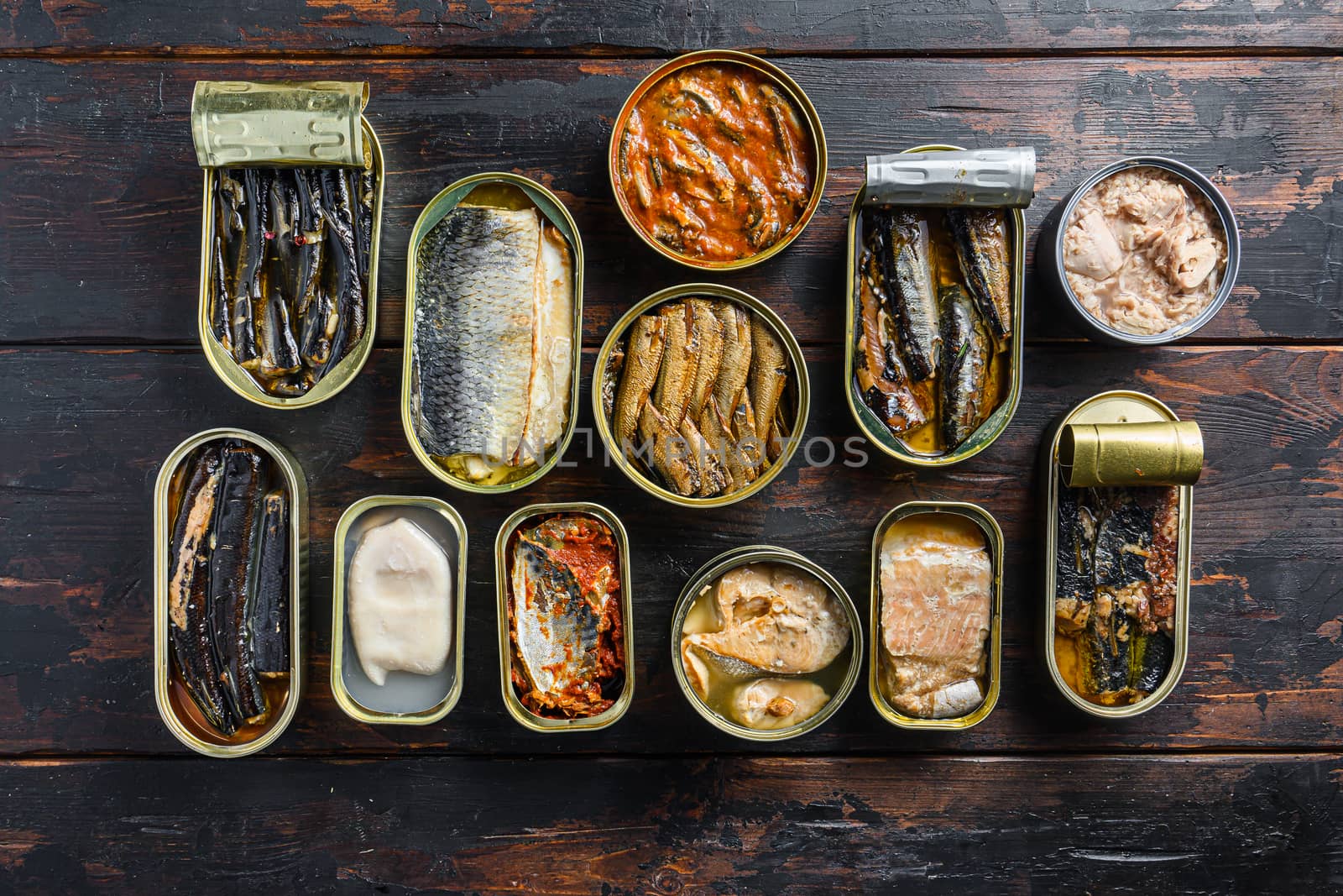 Top view of opened cans with Saury, mackerel, sprats, sardines, pilchard, squid, tuna over vintage homemade wood table .