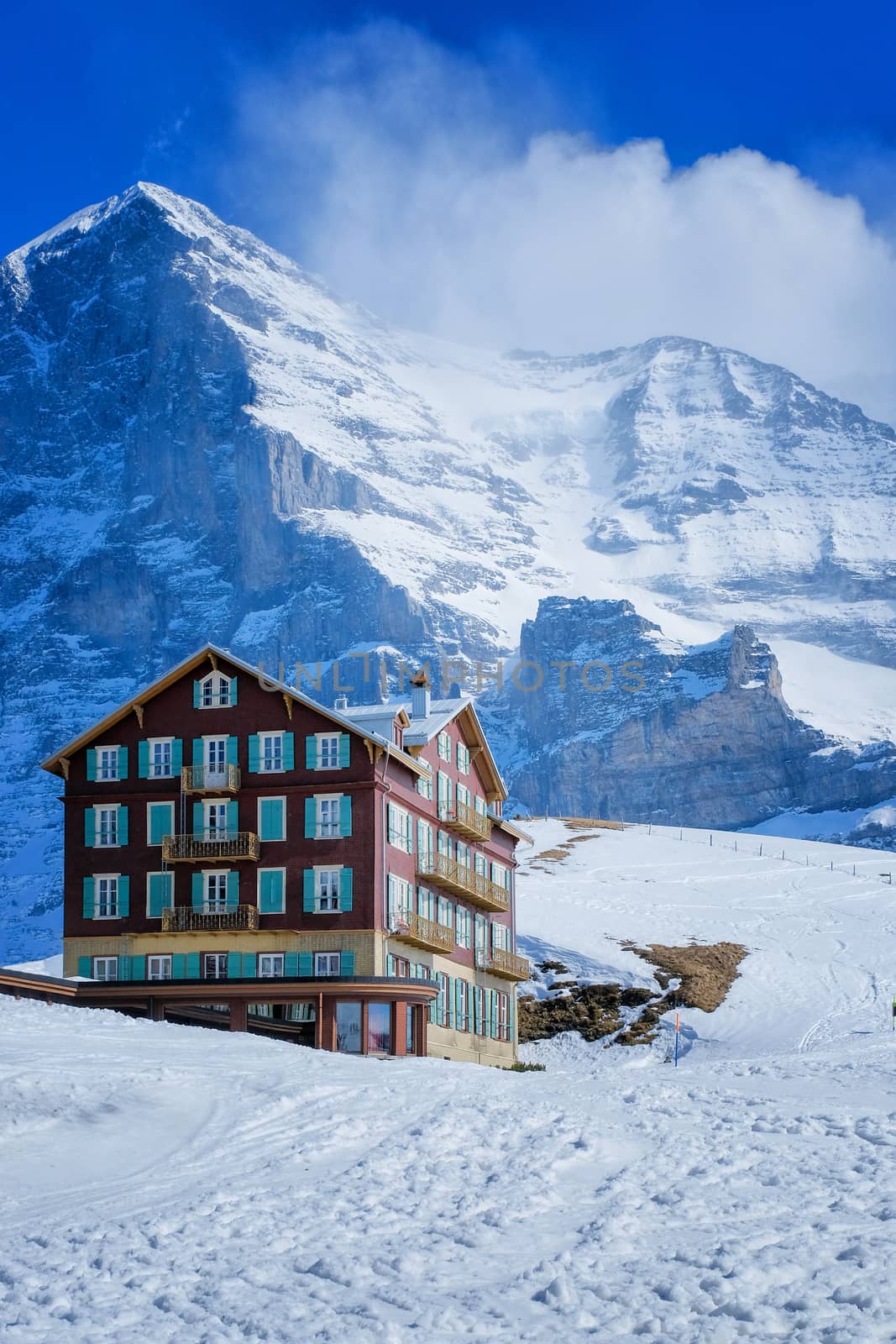 Panoramic view from Kleine Scheidegg station, along the railway from Interlaken to Jungfraujoch In daylight at Switzerland