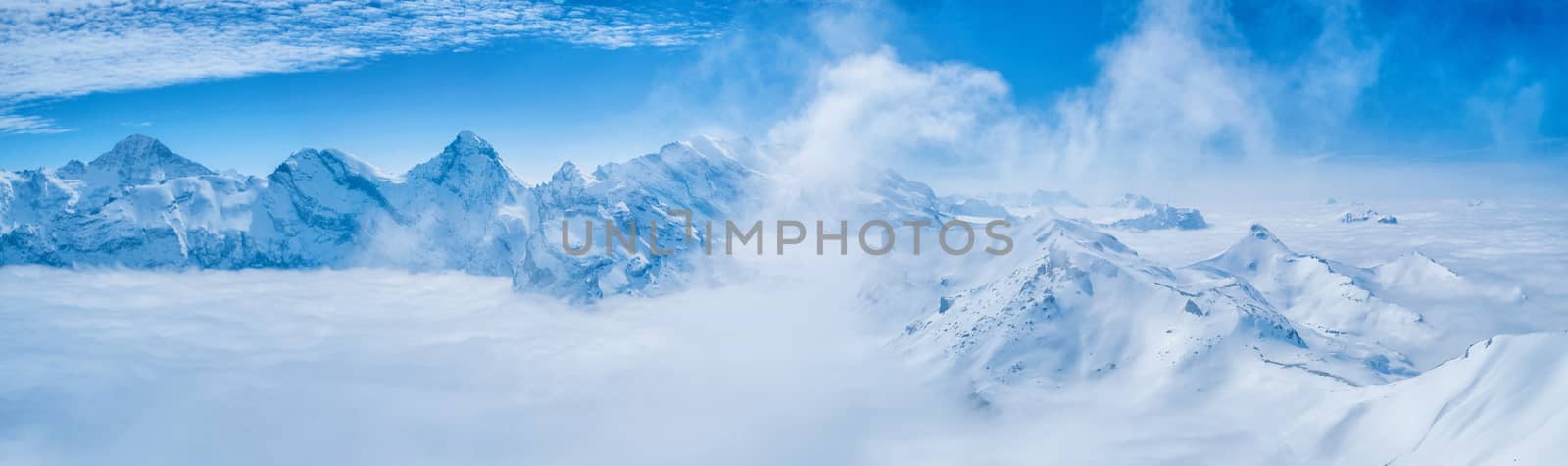 Stunning Panoramic view Snow moutain of the Swiss Skyline from S by Surasak