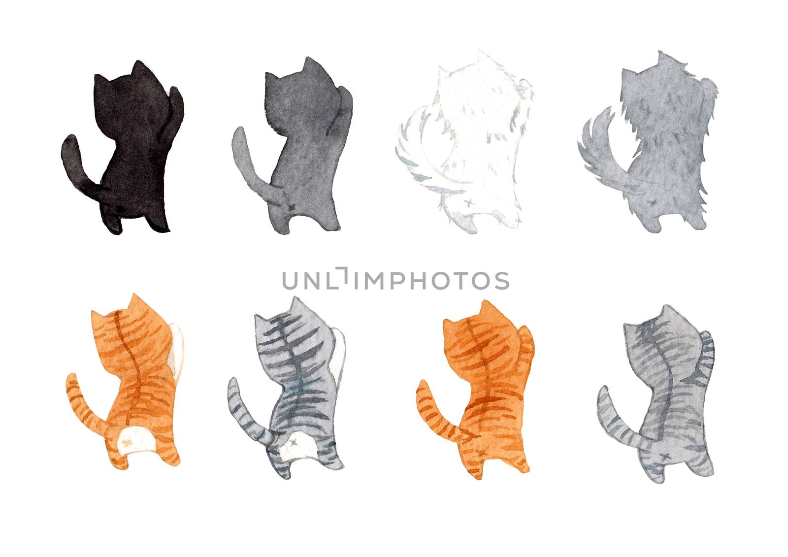 Set of cute cats in the same pose. Watercolor hand painting illustration on a white background. Design for decoration in pet artwork advertising.