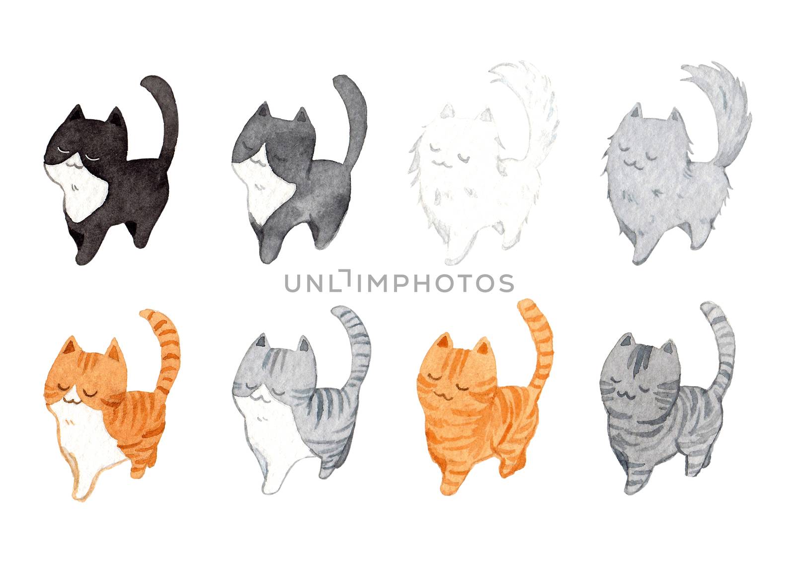Set of cute cats in the same pose. Watercolor hand painting illustration on a white background. Design for decoration in pet artwork advertising. by Ungamrung