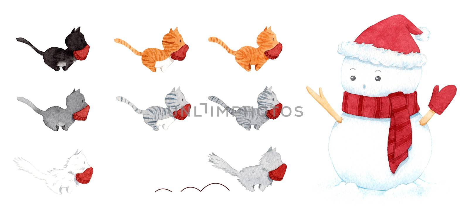 Cute christmas snowman wearing hat and scarf and cat on white background. watercolor illustrations. Painting for decoration in winter advertising. by Ungamrung