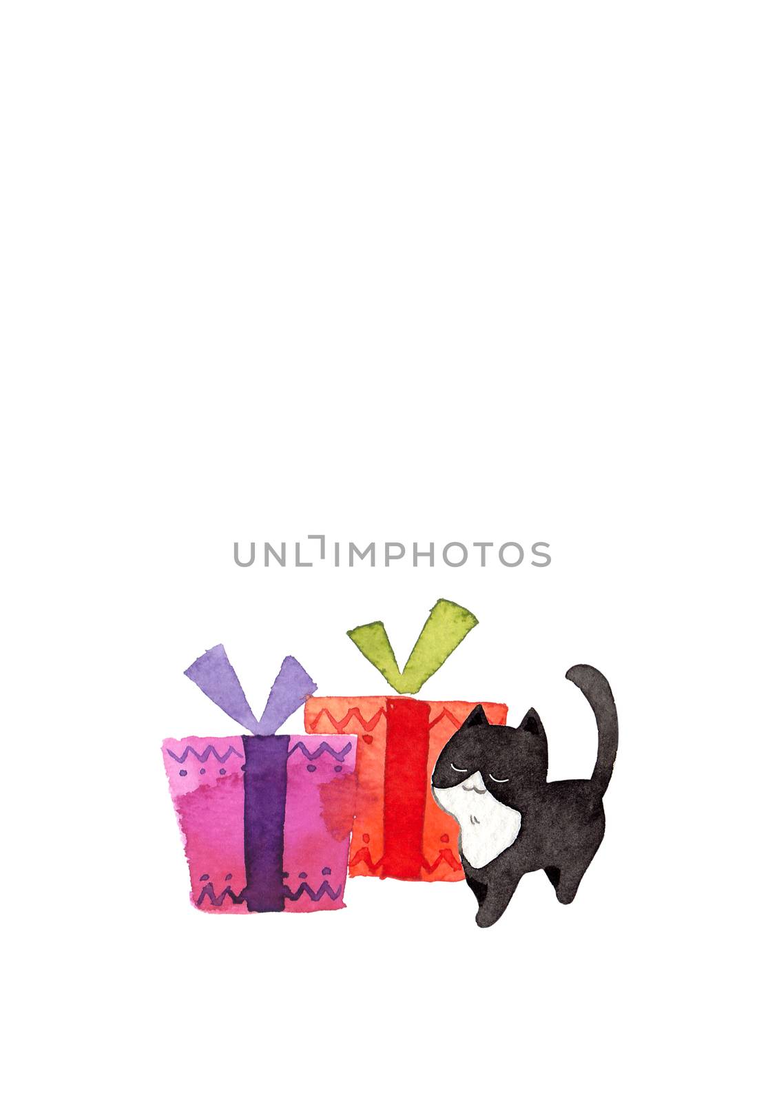 The cat is pushing the gift box. Watercolor hand painting illustration on white background. Copy space for your text. Design for greeting cards, gift cards, Christmas, New year, pet advertising.