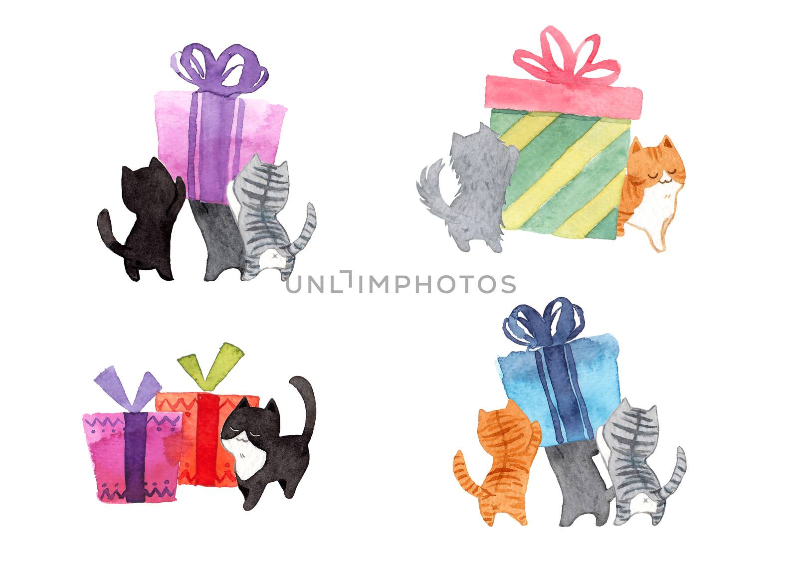 Set of cats are pushing the gift box. Watercolor hand painting illustration on white background. Copy space for your text. Design for greeting cards, gift cards, Christmas, New year, pet advertising.