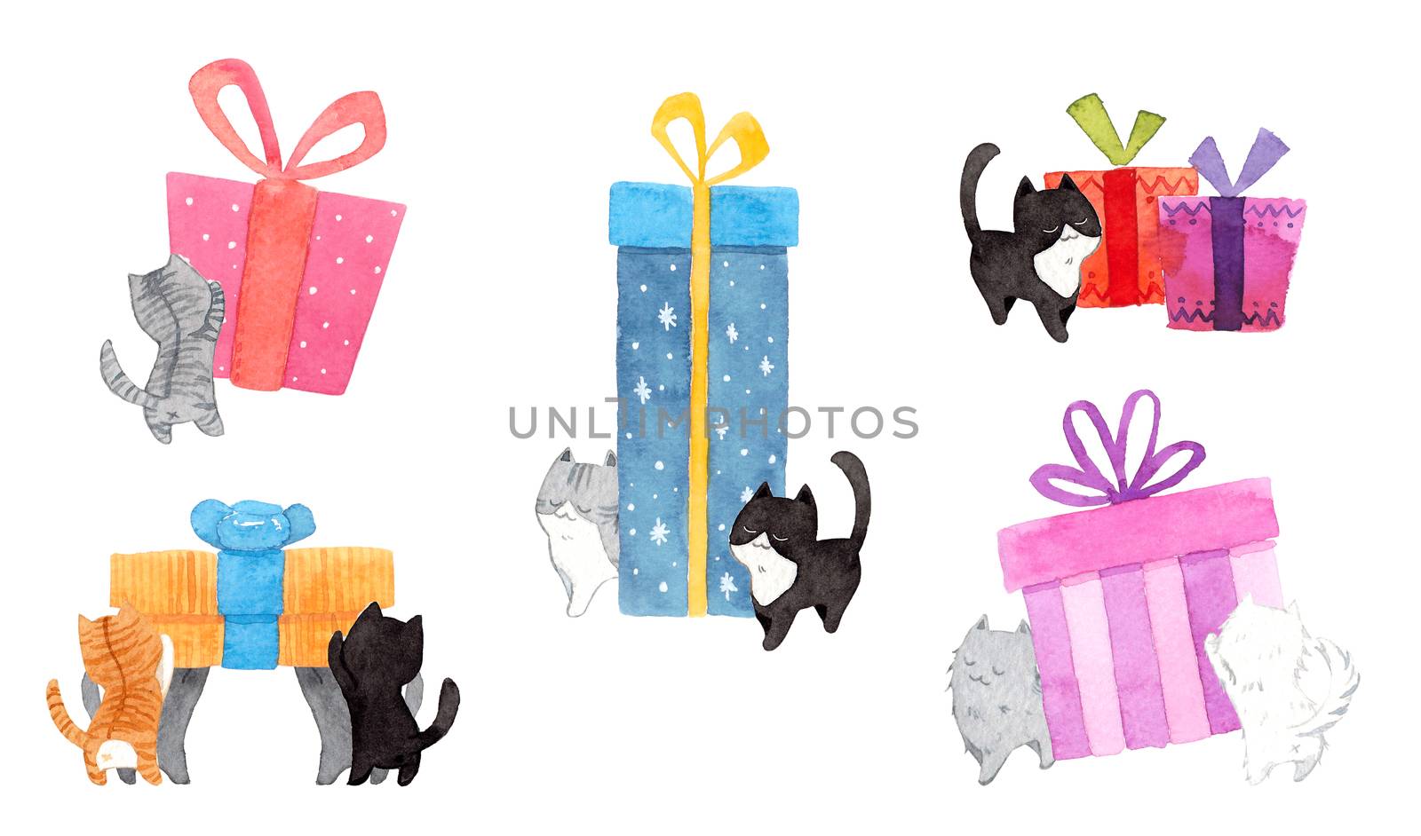 Set of cats are pushing the gift box. Watercolor hand painting illustration on white background. Copy space for your text. Design for greeting cards, gift cards, Christmas, New year, pet advertising. by Ungamrung