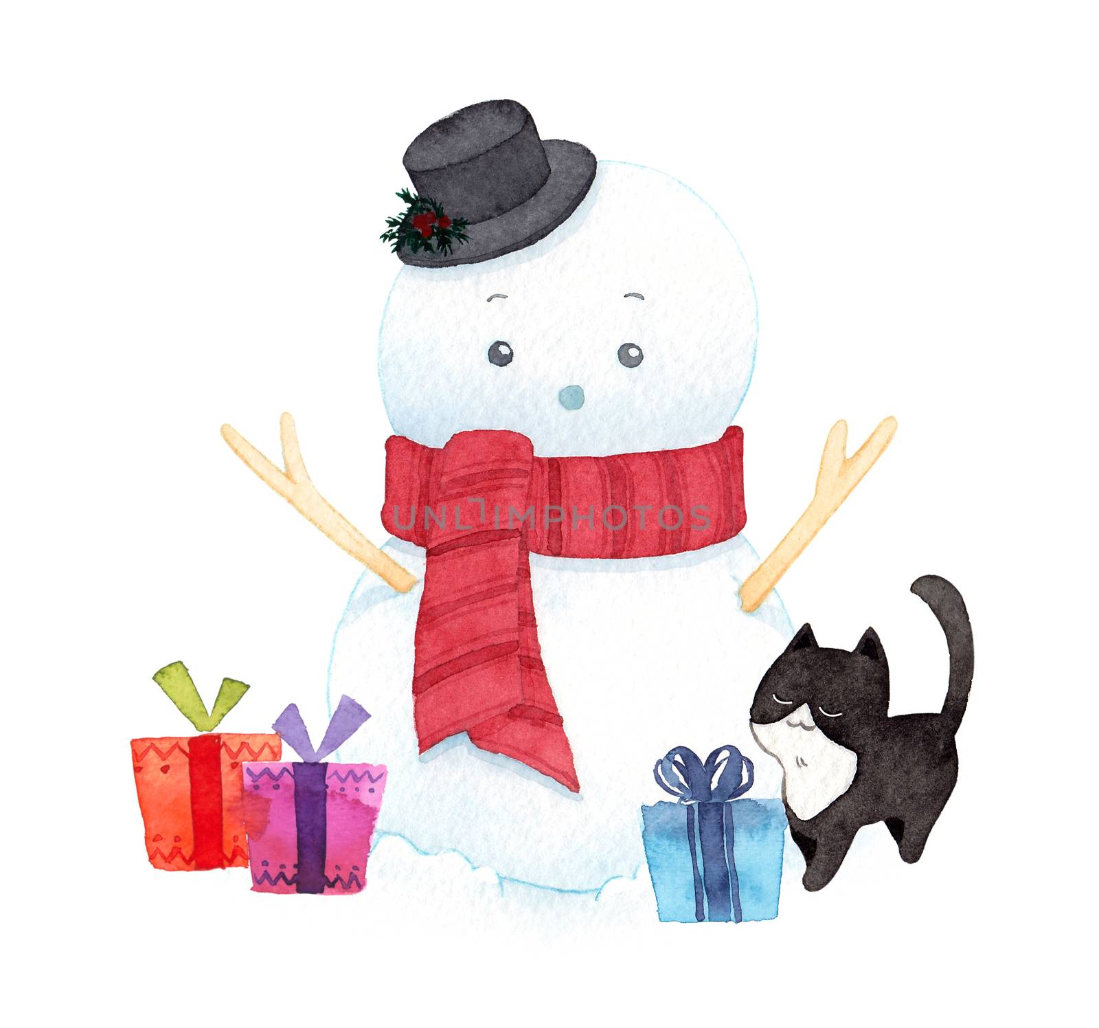 Cute christmas snowman wearing hat and scarf and cat on white background. watercolor illustrations. Painting for decoration in winter advertising. by Ungamrung