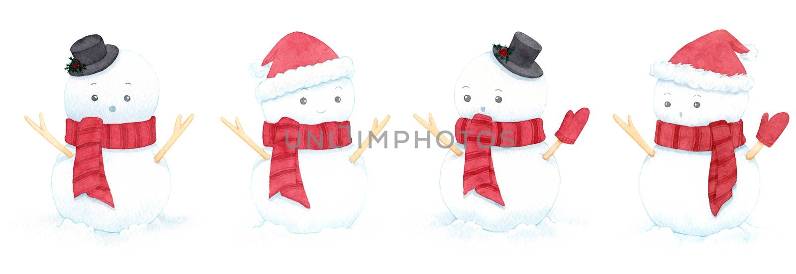 Cute christmas snowmen wearing hat and scarf on white background. watercolor illustrations set. Painting for decoration in winter advertising.