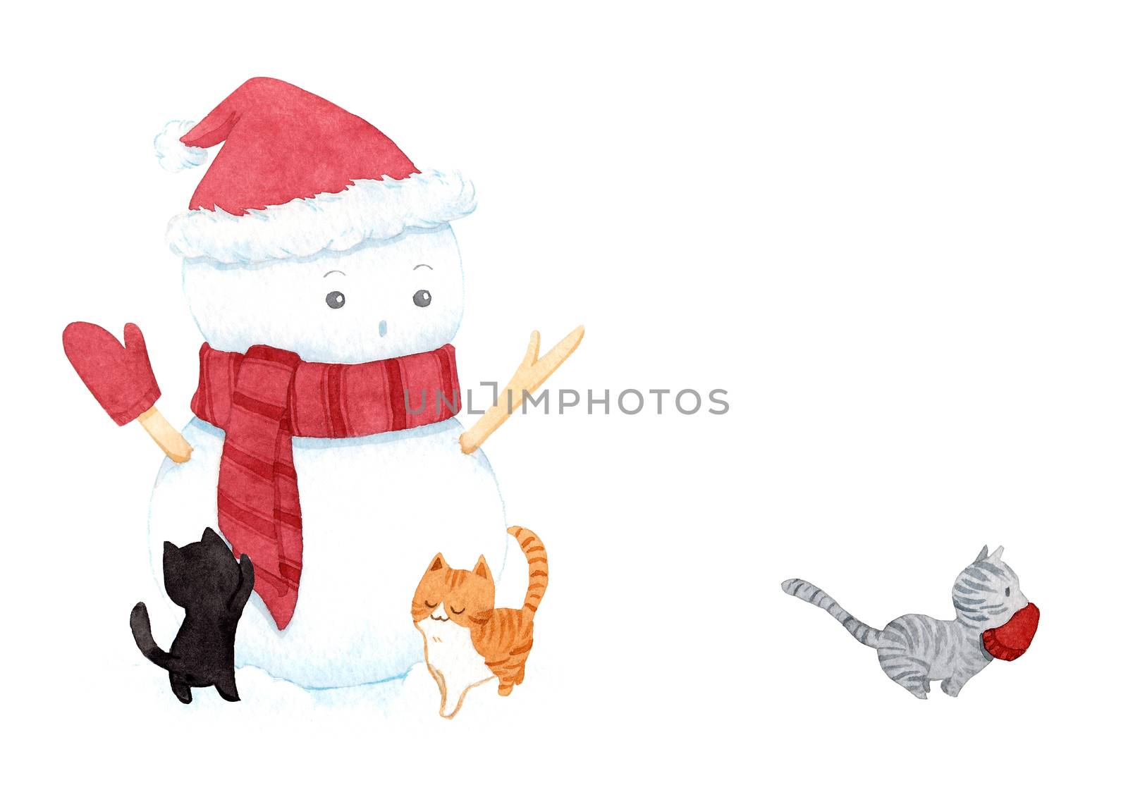 Cute christmas snowman wearing hat and scarf and cat on white background. watercolor illustrations. Painting for decoration in winter advertising by Ungamrung