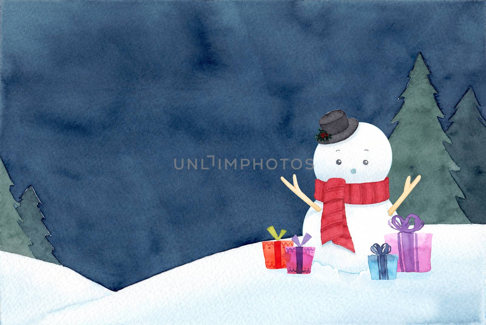 A snowman with hat and red scarf. Calm night winter scenery background. Watercolor hand painting illustration. Design for winter, Christmas, New year.