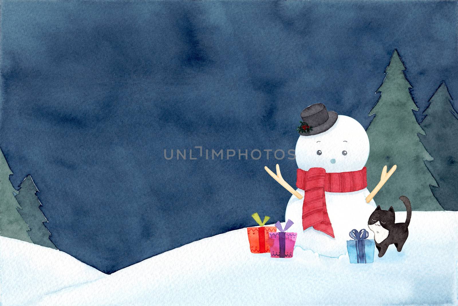 A snowman with hat and red scarf. Calm night winter scenery background. Watercolor hand painting illustration. Design for winter, Christmas, New year. by Ungamrung