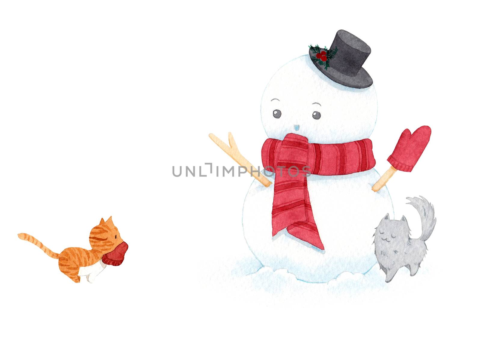 Cute christmas snowman wearing hat and scarf and cat on white background. watercolor illustrations. Painting for decoration in winter advertising.