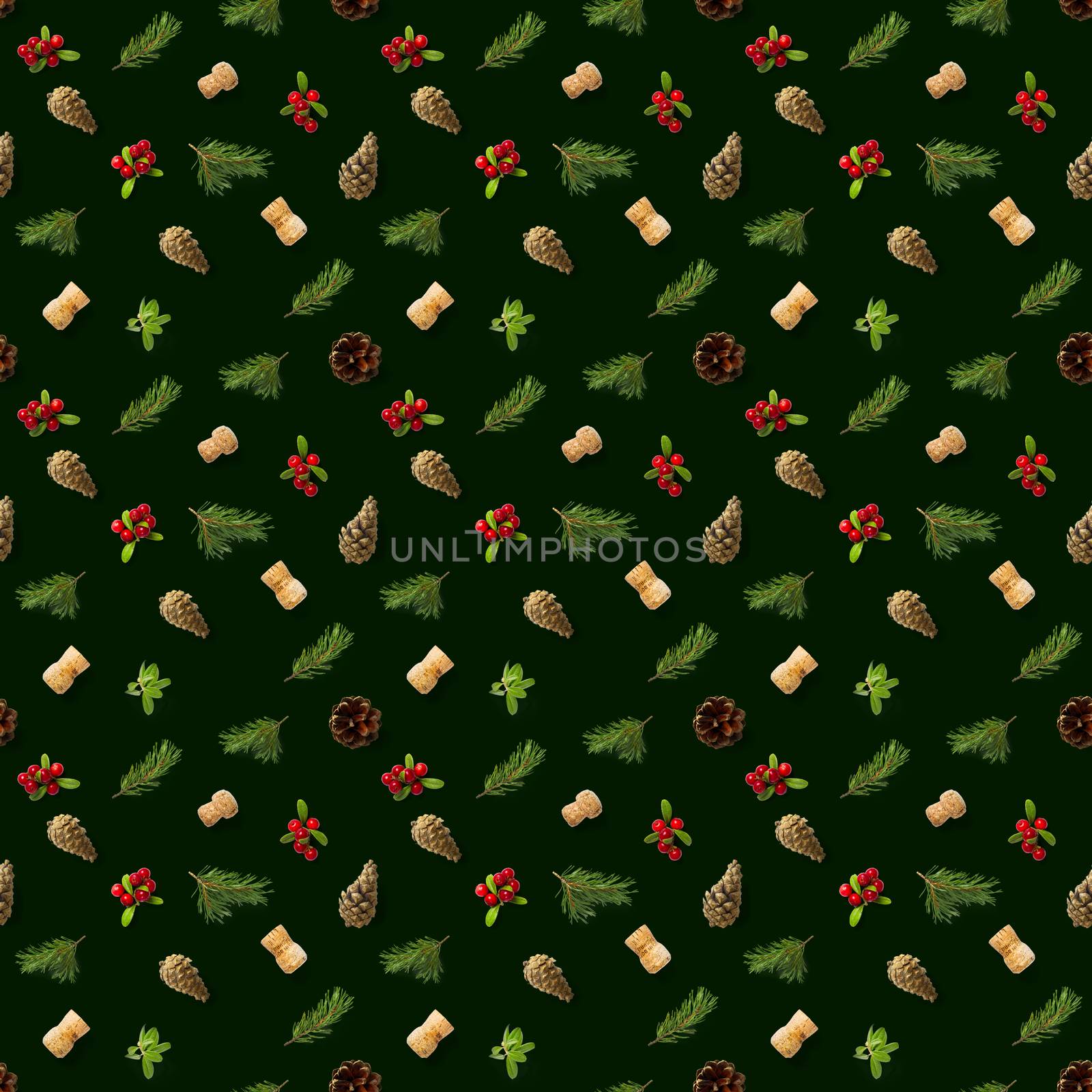 christmas seamless patterns with Pine cones wine cork and lingonberry. pattern christmas seamless on a dark green backdrop. Realistic photo collage. Print for paper, fabric, wallpaper.