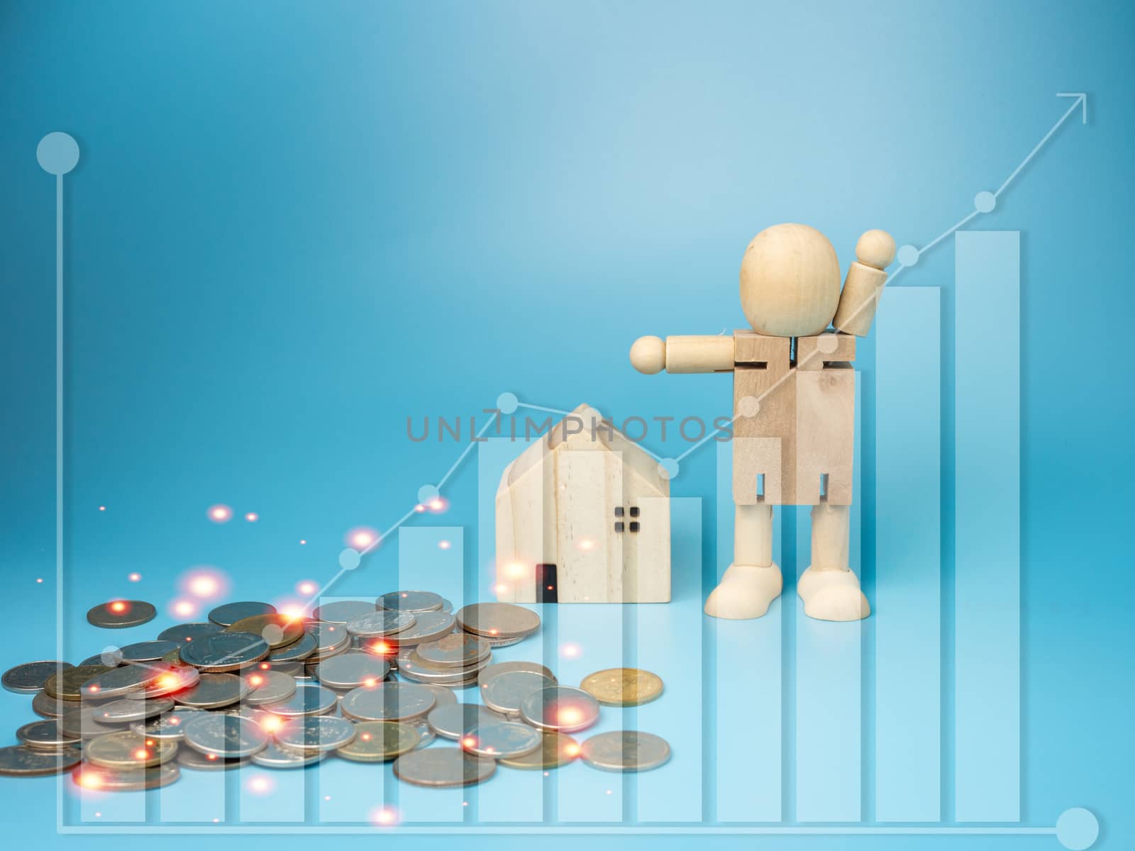 Model wooden houses and wooden dolls Stand by the pile of money With a financial graph in the foreground on a blue background.