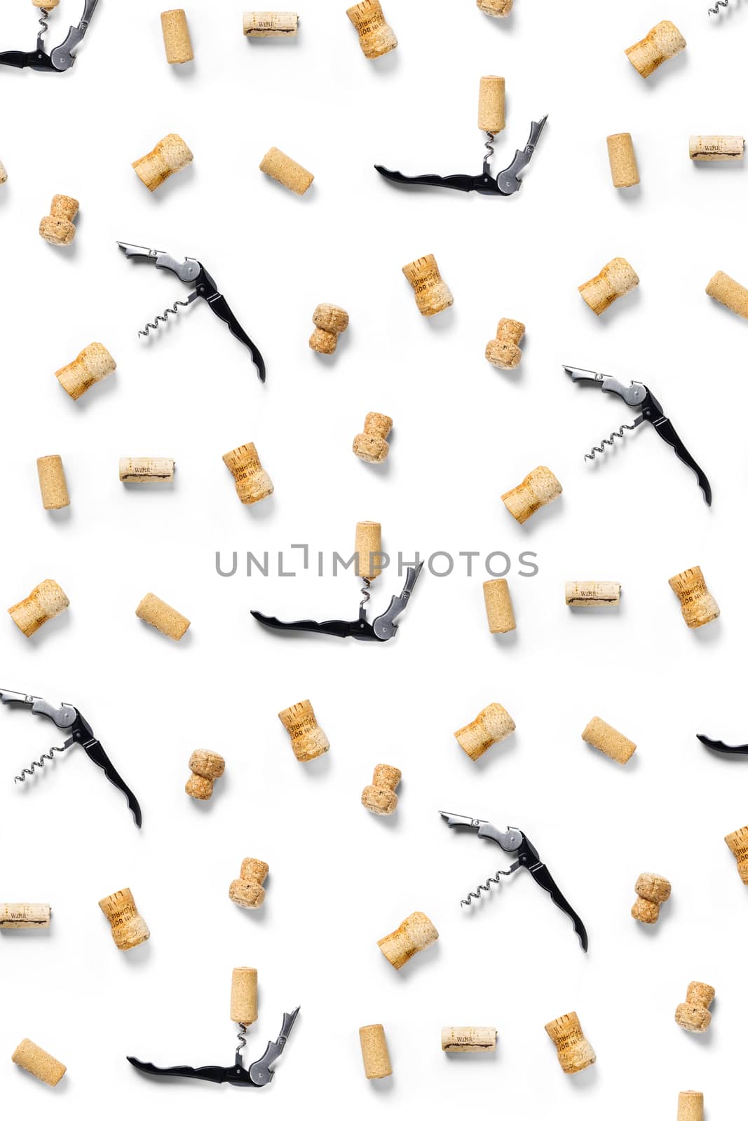 wine corks background on a white backlit background. wine background with corks and corkscrew for fabric print, paper print, wallpapers, design