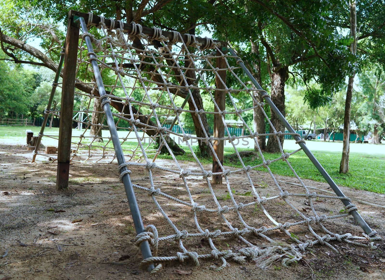 The test post of the military camp tied with a rope.