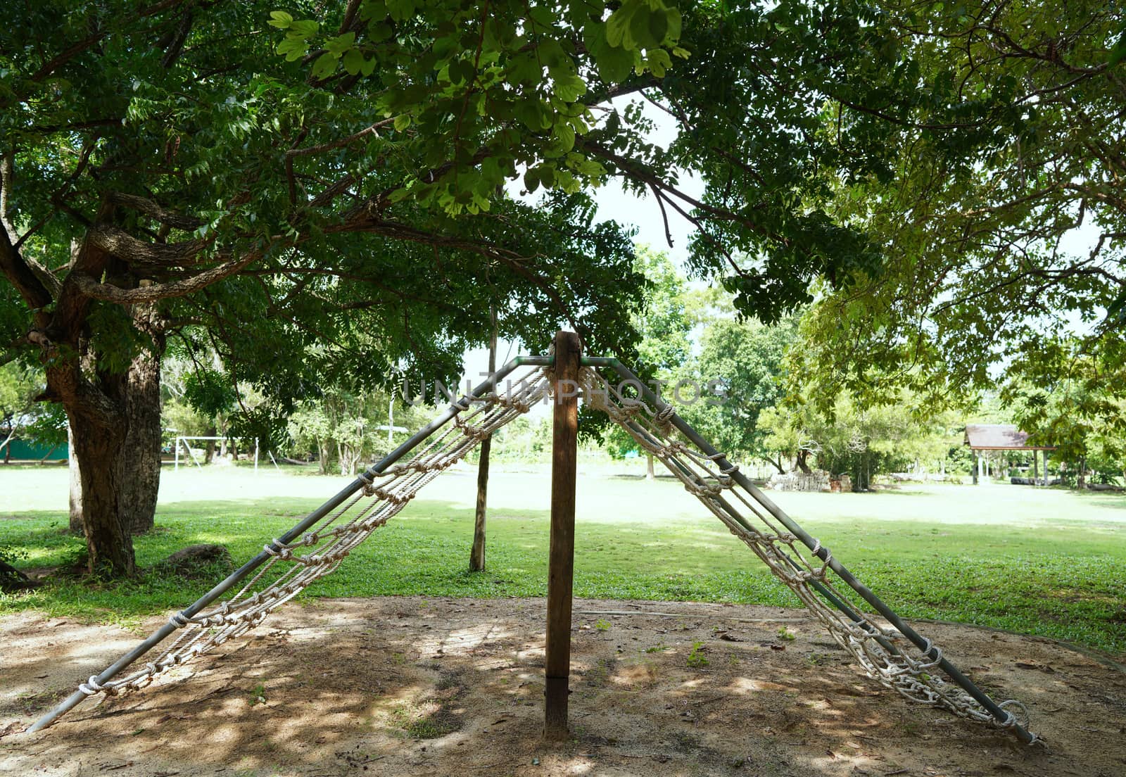 The test post of the military camp tied with a rope.