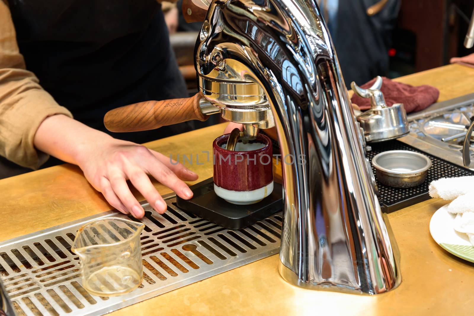 Closeup to Coffee making machine in the counter bar in coffee cafe