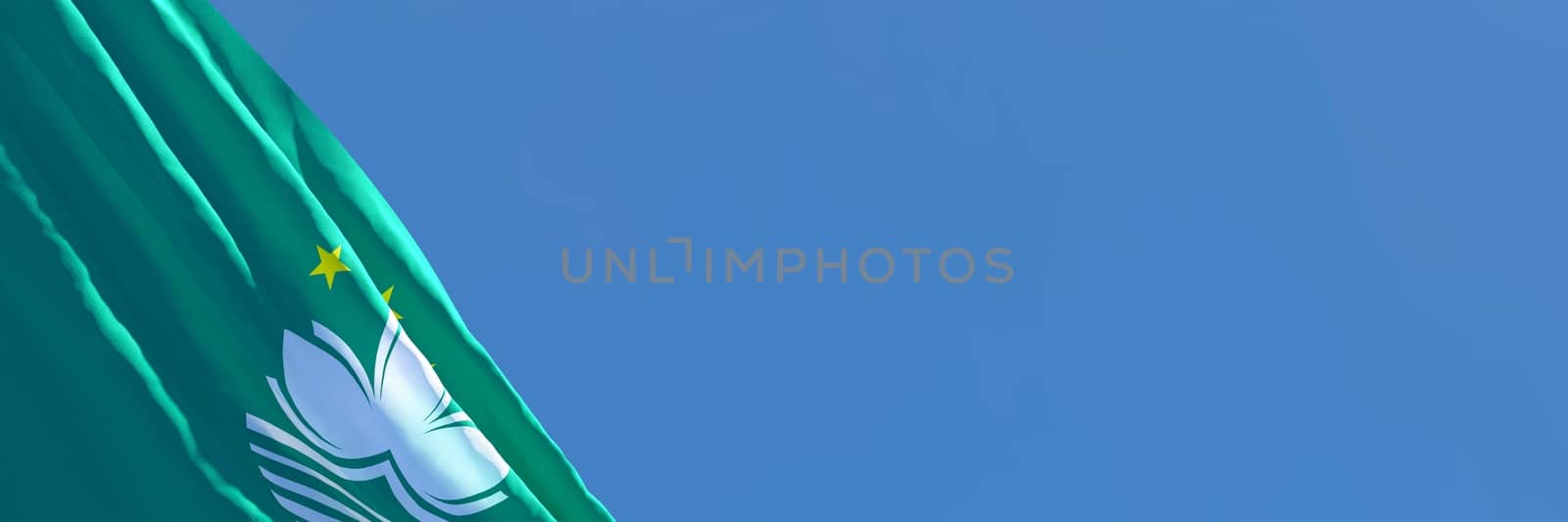 3D rendering of the national flag of Macau waving in the wind against a blue sky