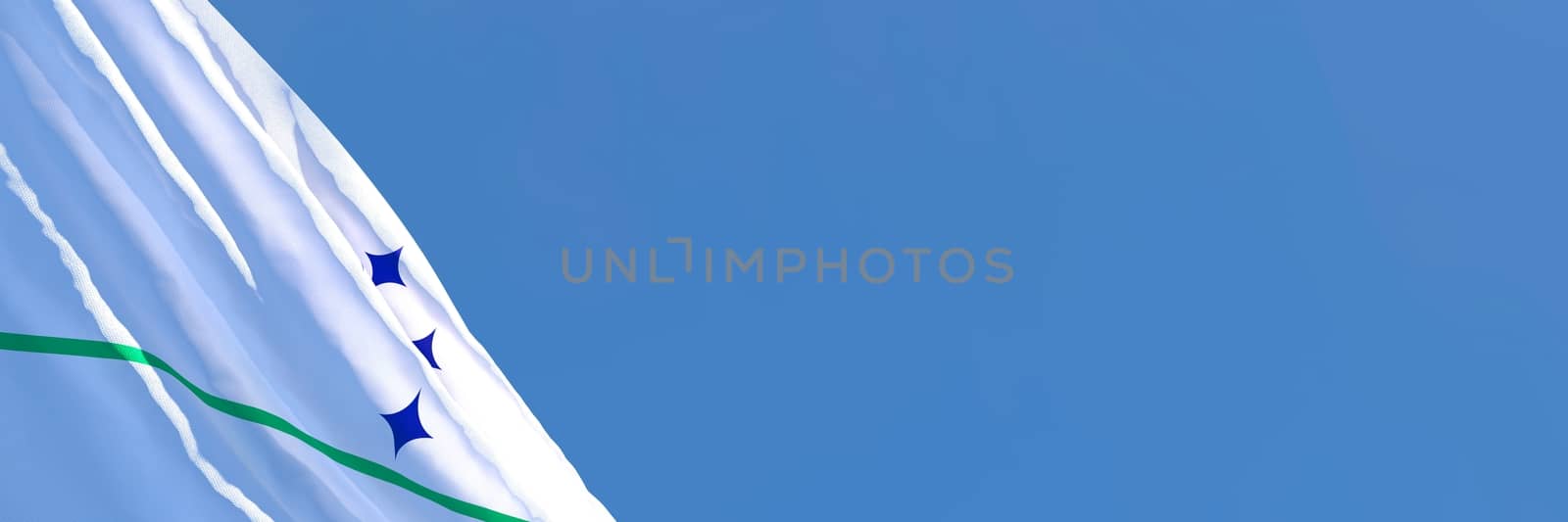 3D rendering of the national flag of Mercosur waving in the wind against a blue sky