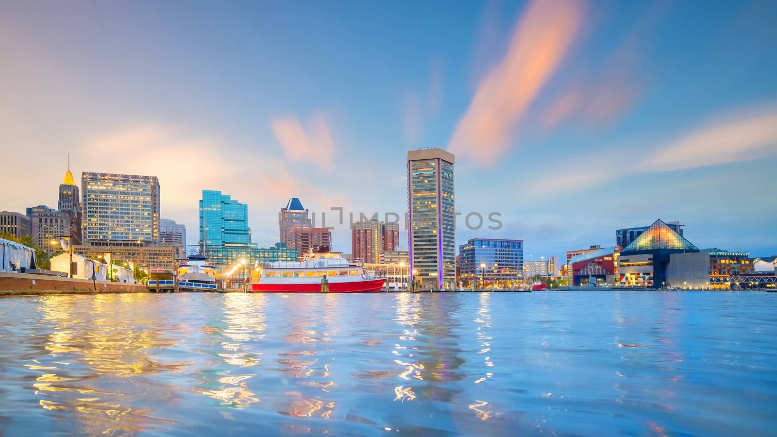 View of Inner Harbor area in downtown Baltimore Maryland USA at sunset