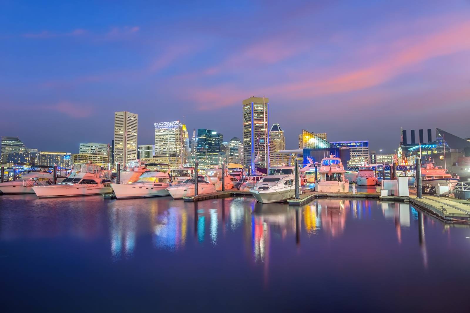 View of Inner Harbor area in downtown Baltimore Maryland USA at sunset