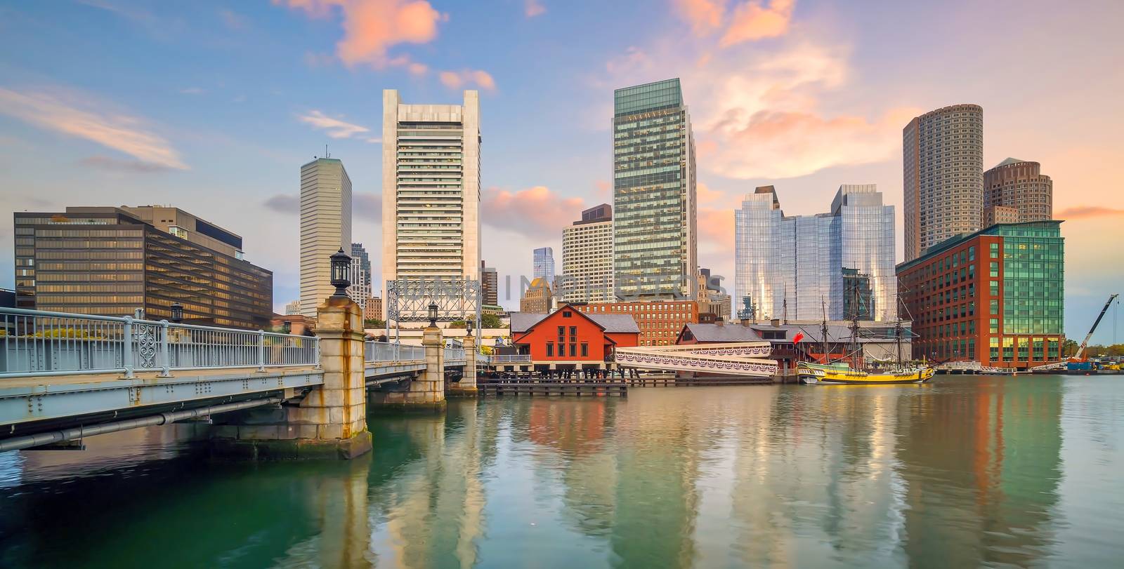 Boston Harbor and Financial District at twilight, Massachusetts in USA