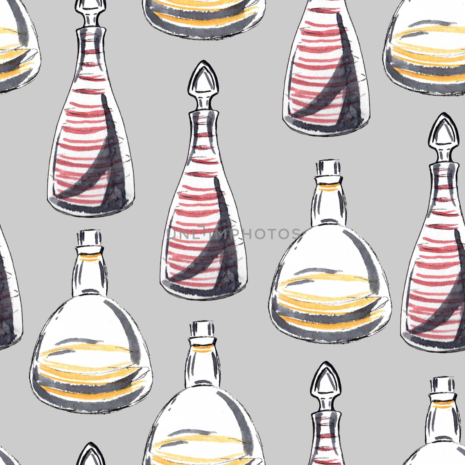 Retro bottles isolated on light grey background. Seamless pattern. Hand-drawn watercolour sketch.  by sshisshka