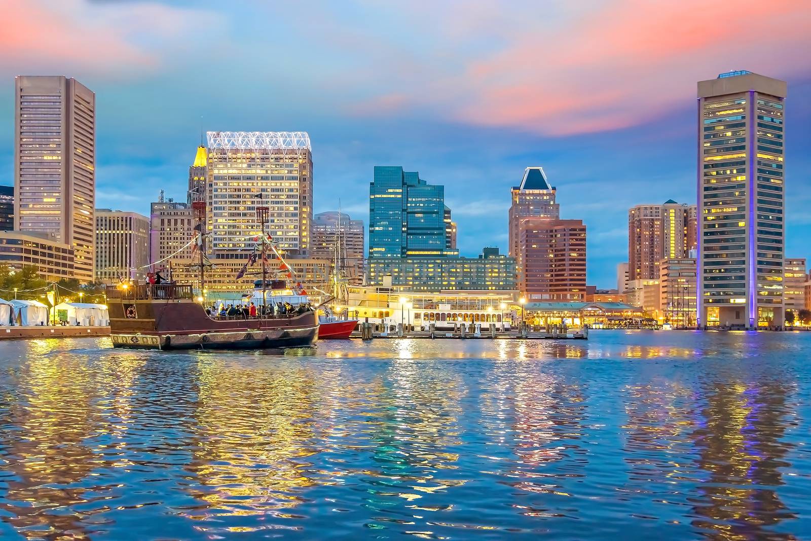 View of Inner Harbor area in downtown Baltimore Maryland USA at sunset