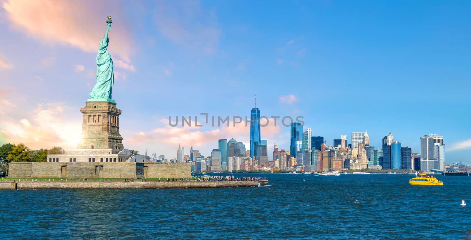 The Statue of Liberty with Manhattan city skyline background, Landmarks of New York City, USA