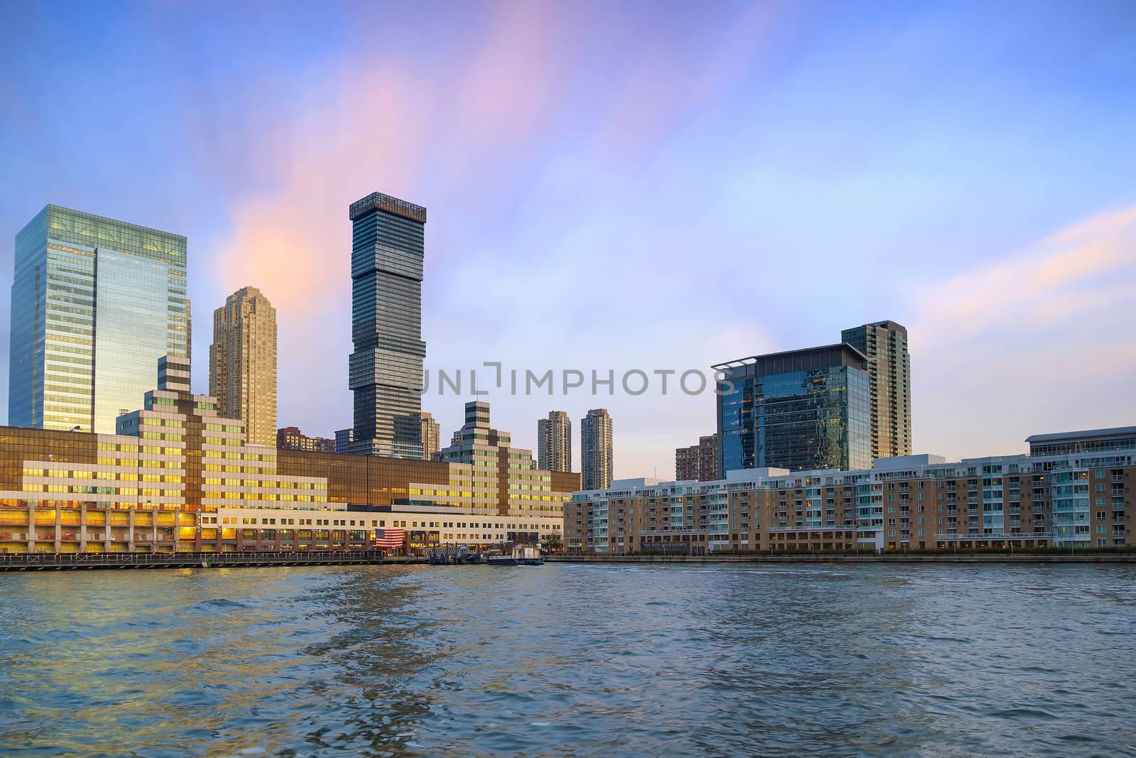 Skyline of Jersey City, New Jersey from New York Harbor in USA