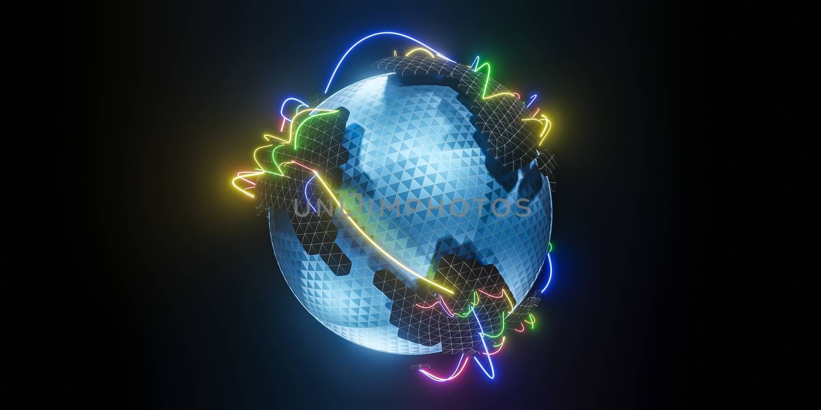 Polygonal 3D globe with line global connections.,Global social network.,3d model and illustration.